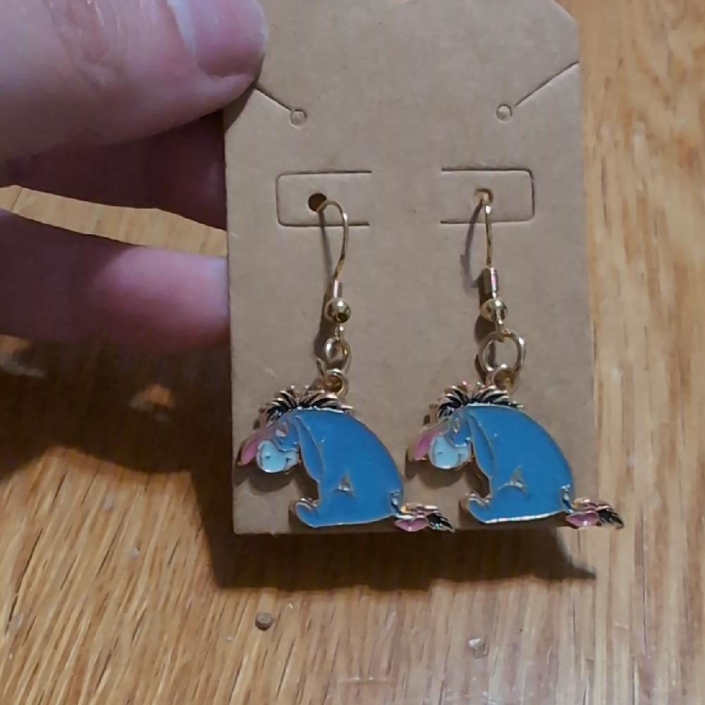 Blue Eeyore Dangle Earrings Gold Plated